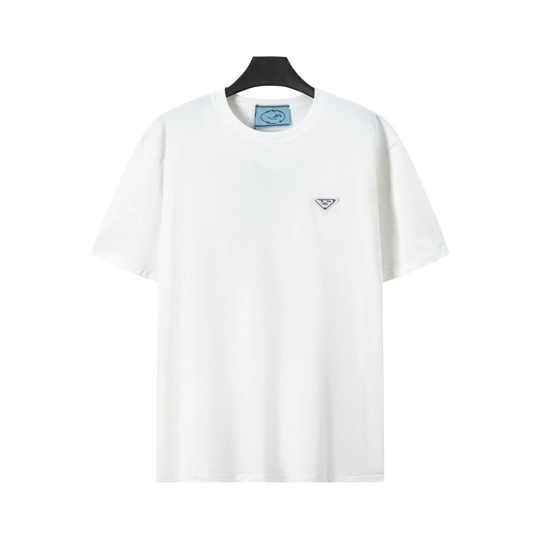 Prada T-Shirts Crew-neck T-shirt with triangular logo plaque — White classic triangular iron logo
