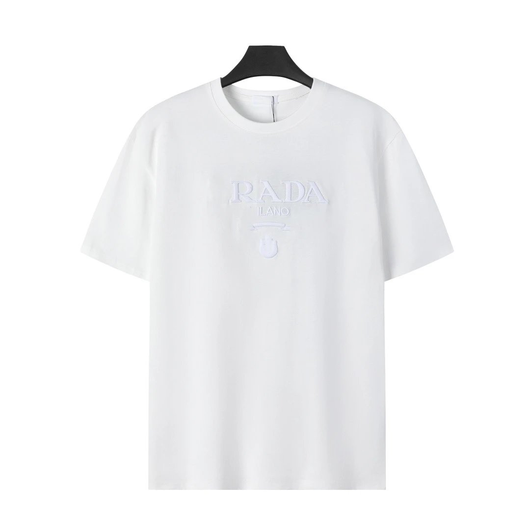 Prada T-Shirts Crew-neck T-shirt with triangular logo plaque — Three-dimensional white logo embroidery