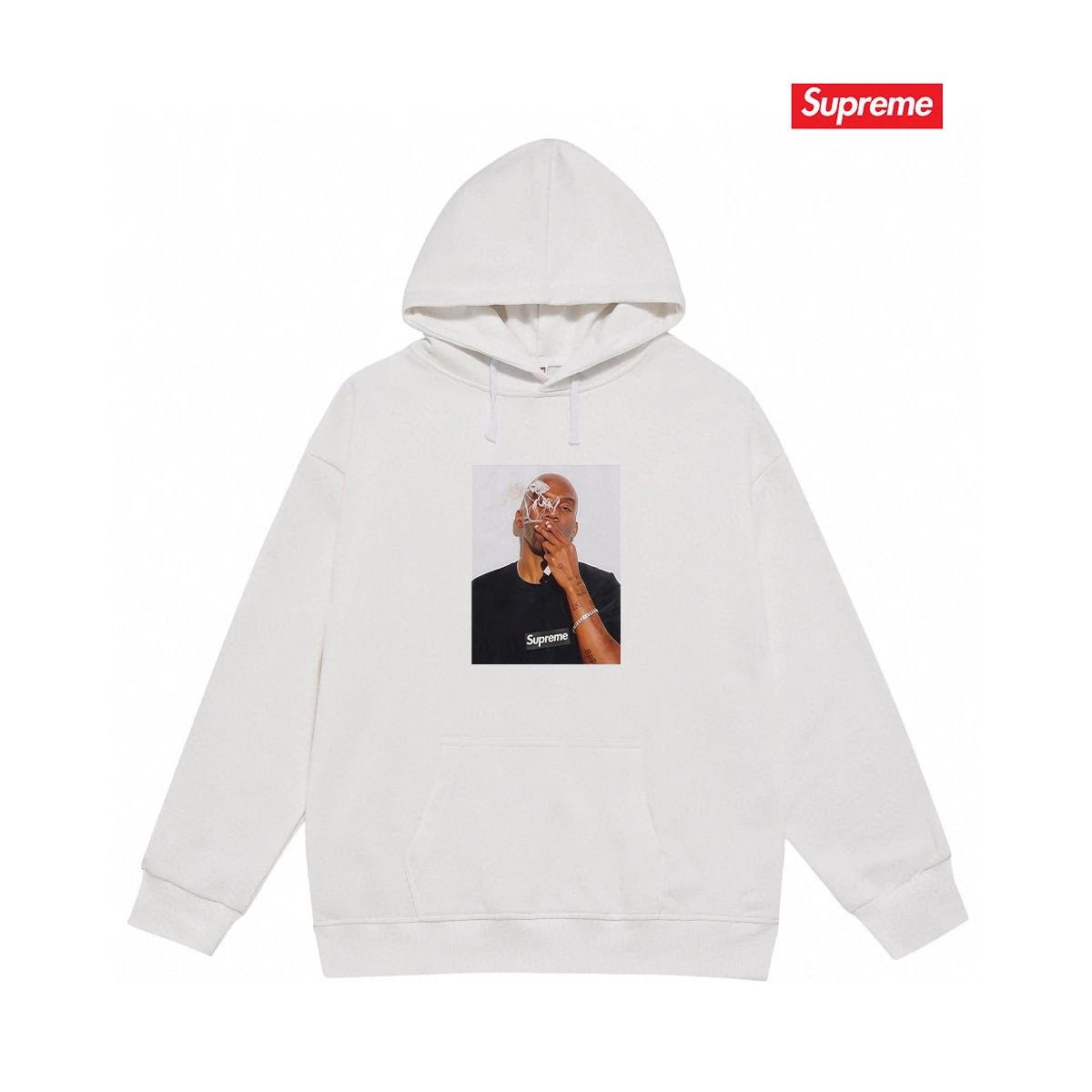 Supreme Hoodies & Sweatshirts Fleece-lined pullover hoodie with photo graphic and kangaroo pocket — S 2172 White with fleece lining
