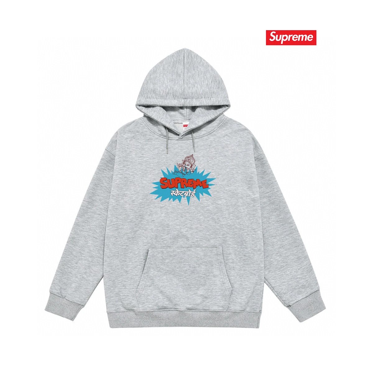 Supreme Hoodies & Sweatshirts Fleece-lined pullover hoodie with photo graphic and kangaroo pocket — S 2173 Gray with fleece lining