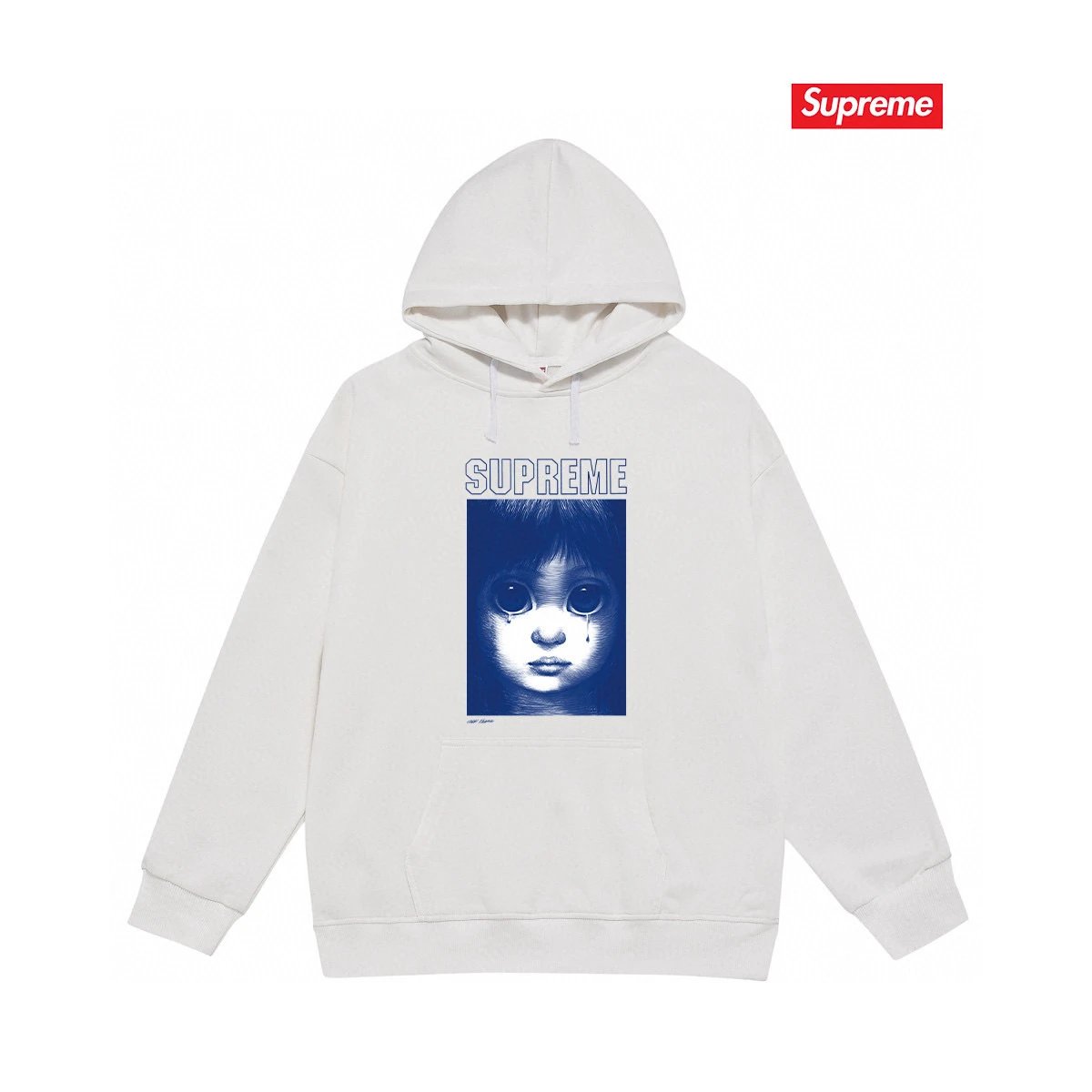 Supreme Hoodies & Sweatshirts Fleece-lined pullover hoodie with photo graphic and kangaroo pocket — S 2177 White with fleece lining