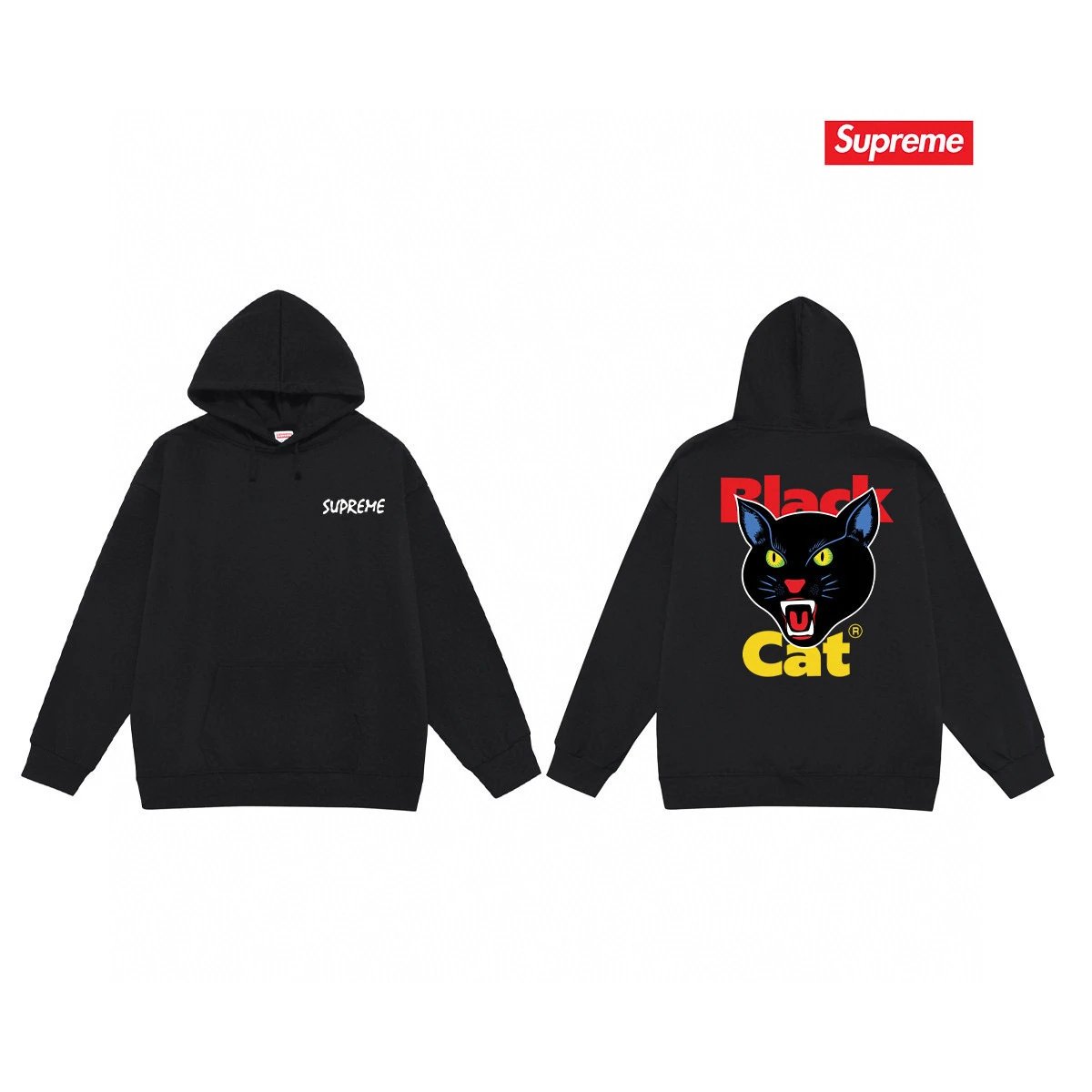 Supreme Hoodies & Sweatshirts Fleece-lined pullover hoodie with photo graphic and kangaroo pocket — S 2180 Black with fleece lining