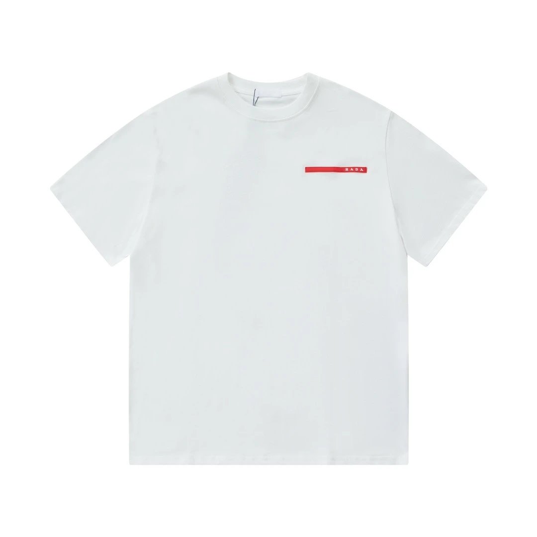 Prada T-Shirts Crew-neck T-shirt with triangular logo plaque — White with a three-dimensional red adhesive strip on the chest