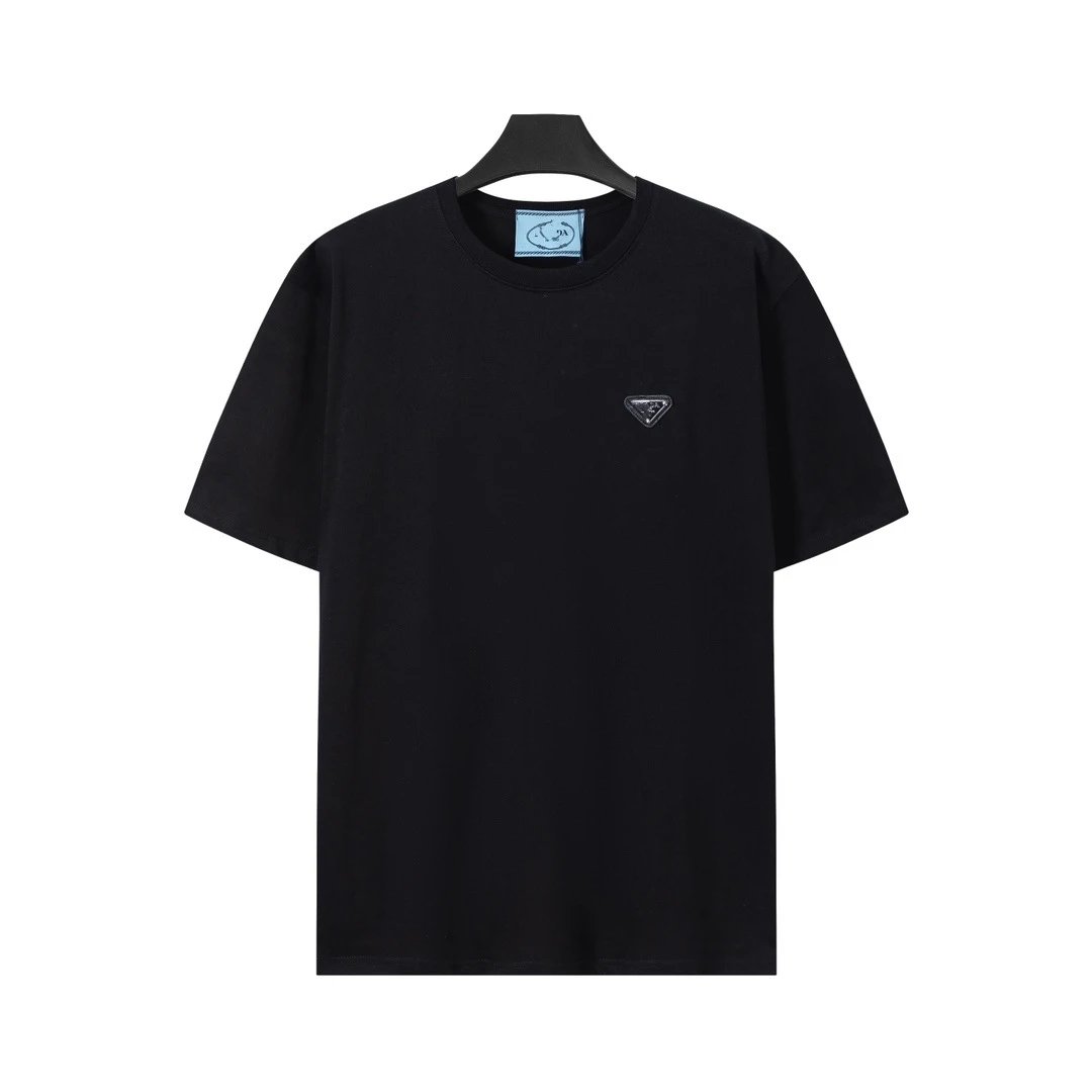 Prada T-Shirts Crew-neck T-shirt with triangular logo plaque — Black classic triangular iron badge logo