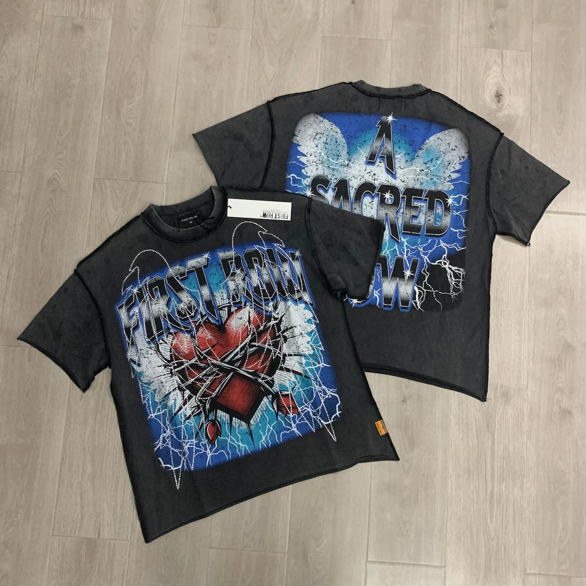 First Row T-Shirts Rhinestone Graphic Washed Cotton — F503