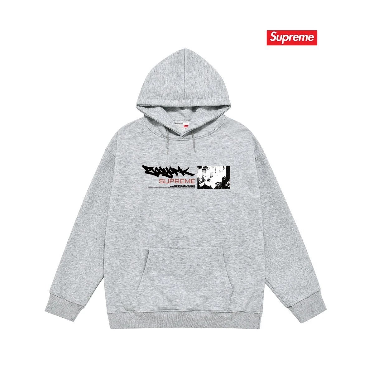 Supreme Hoodies & Sweatshirts Fleece-Lined Graphic Pullover Hoodie — 2234 Gray with fleece lining