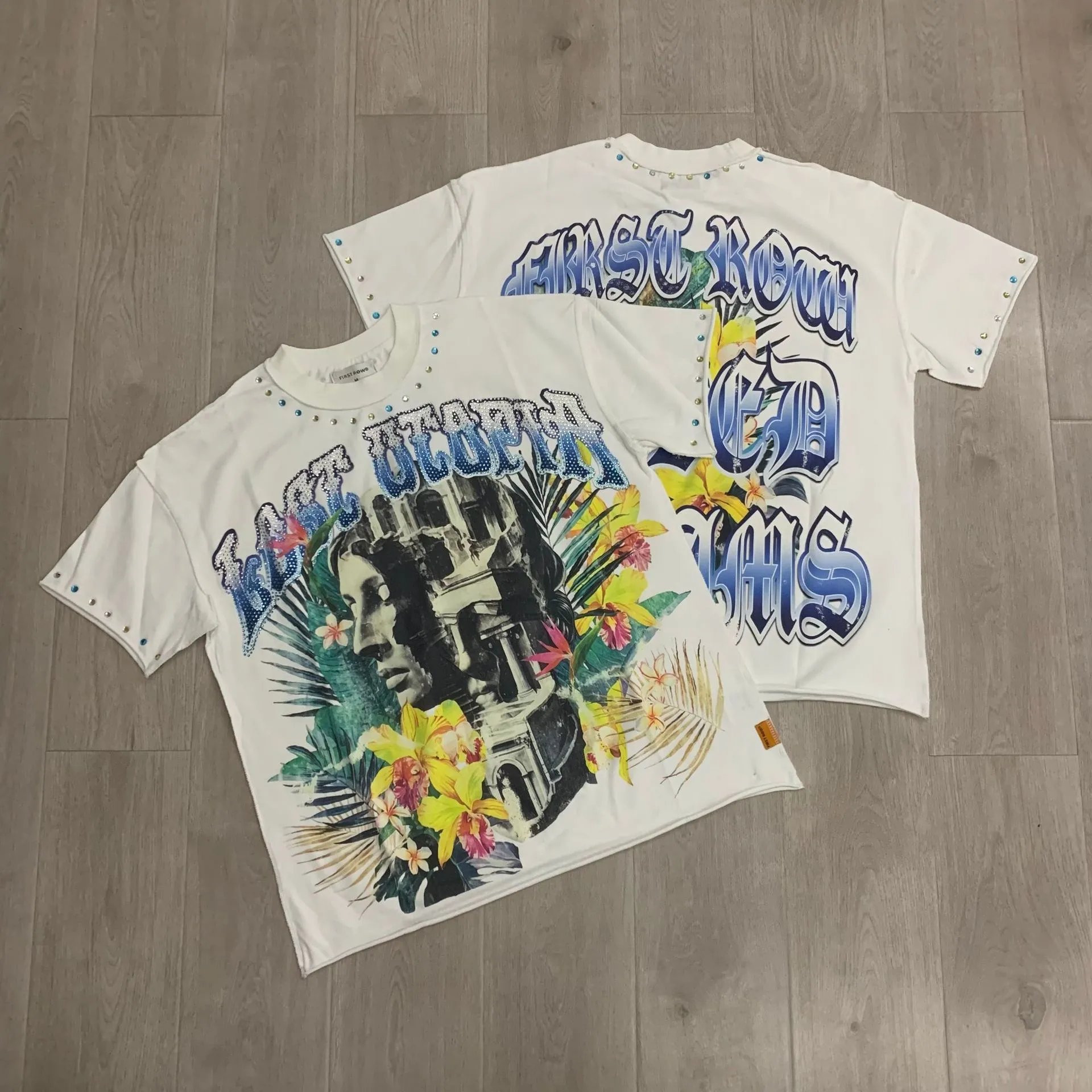 First Row T-Shirts Rhinestone Graphic Washed Cotton — F527