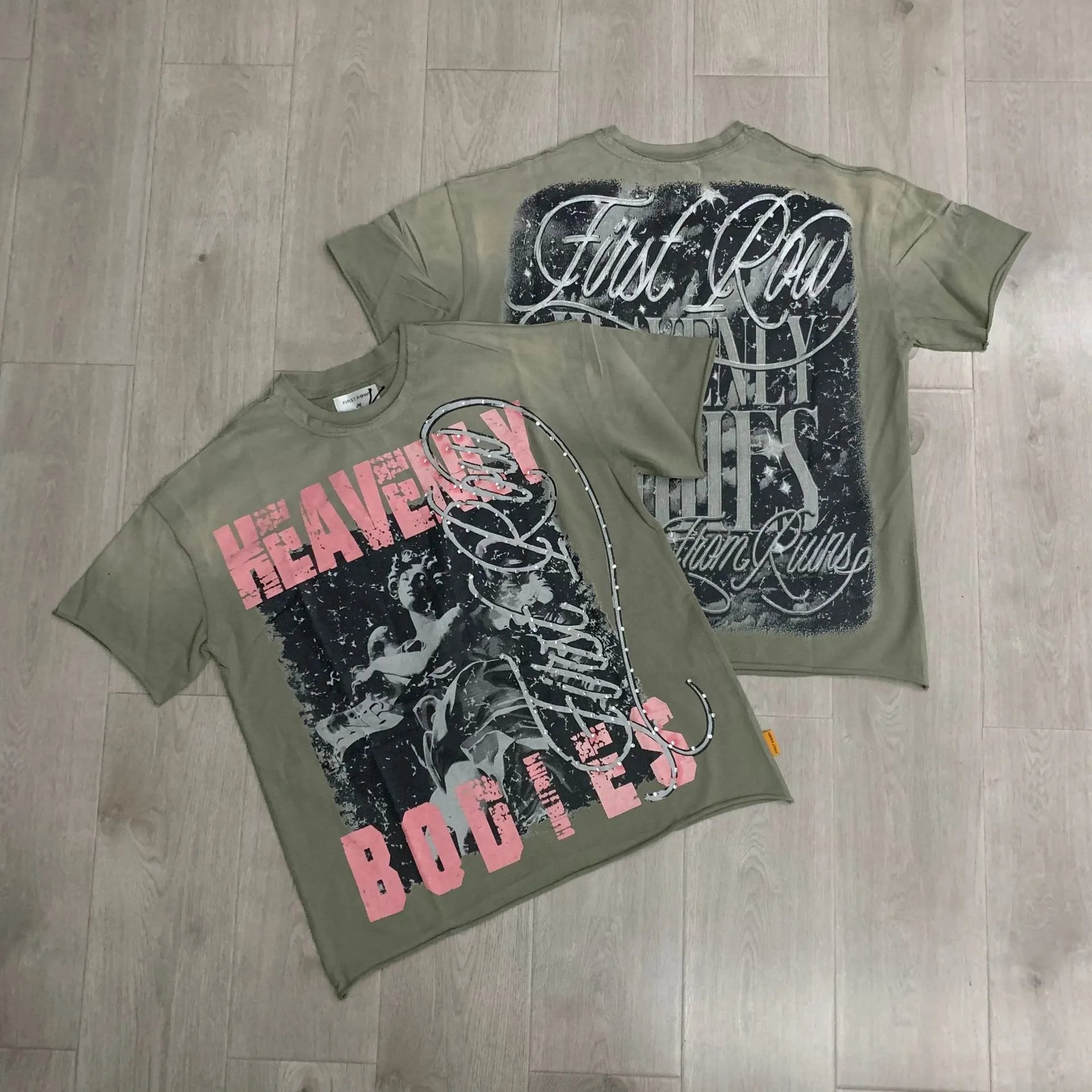 First Row T-Shirts Rhinestone Graphic Washed Cotton — F809