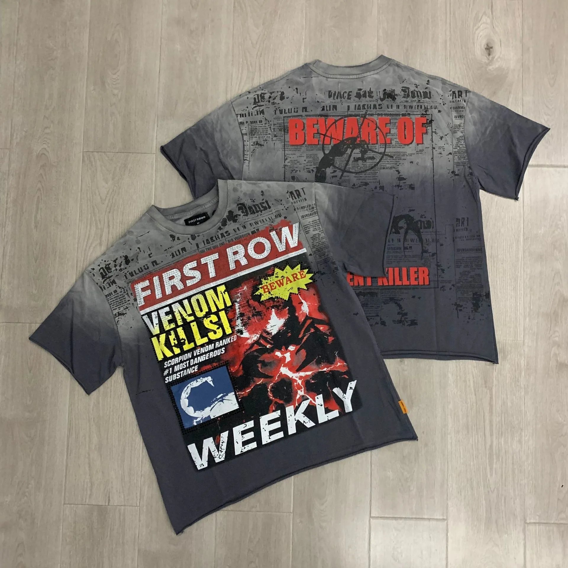 First Row T-Shirts Rhinestone Graphic Washed Cotton — F507
