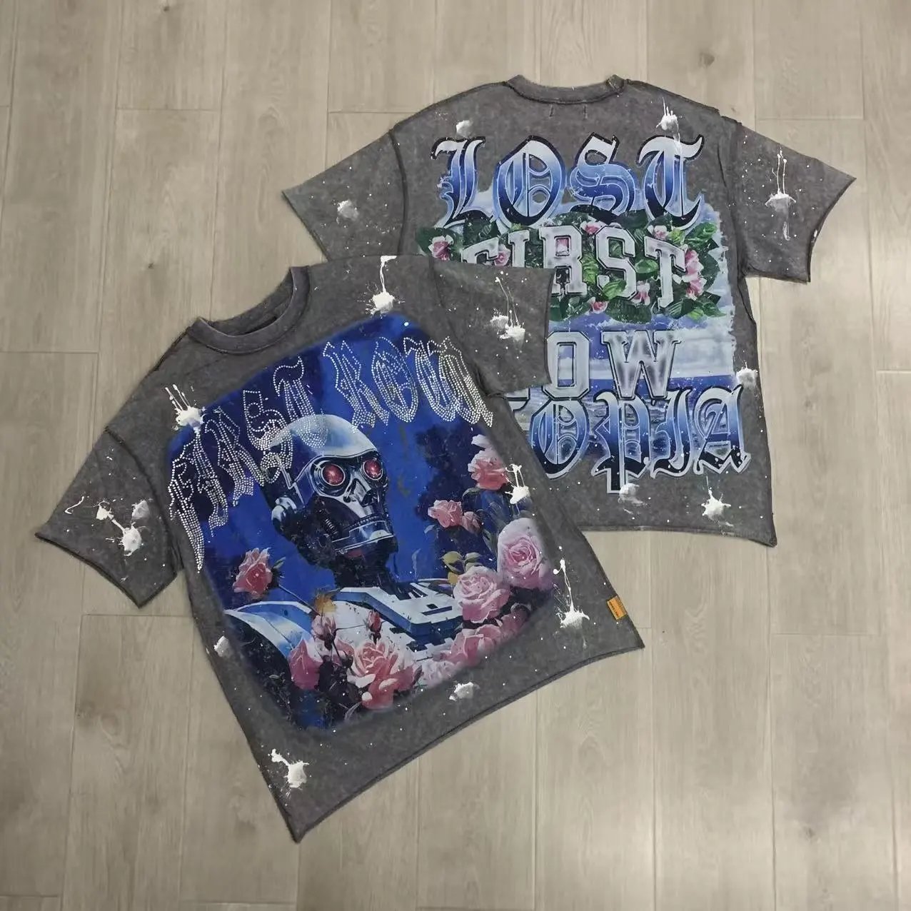 First Row T-Shirts Rhinestone Graphic Washed Cotton — F517