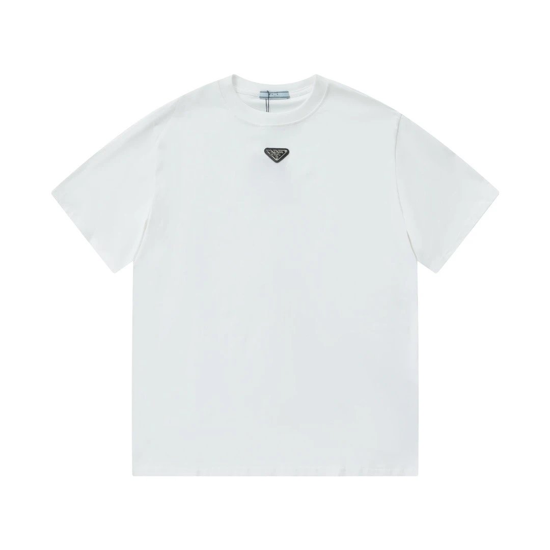 Prada T-Shirts Crew-neck T-shirt with triangular logo plaque — White chest triangle iron badge logo
