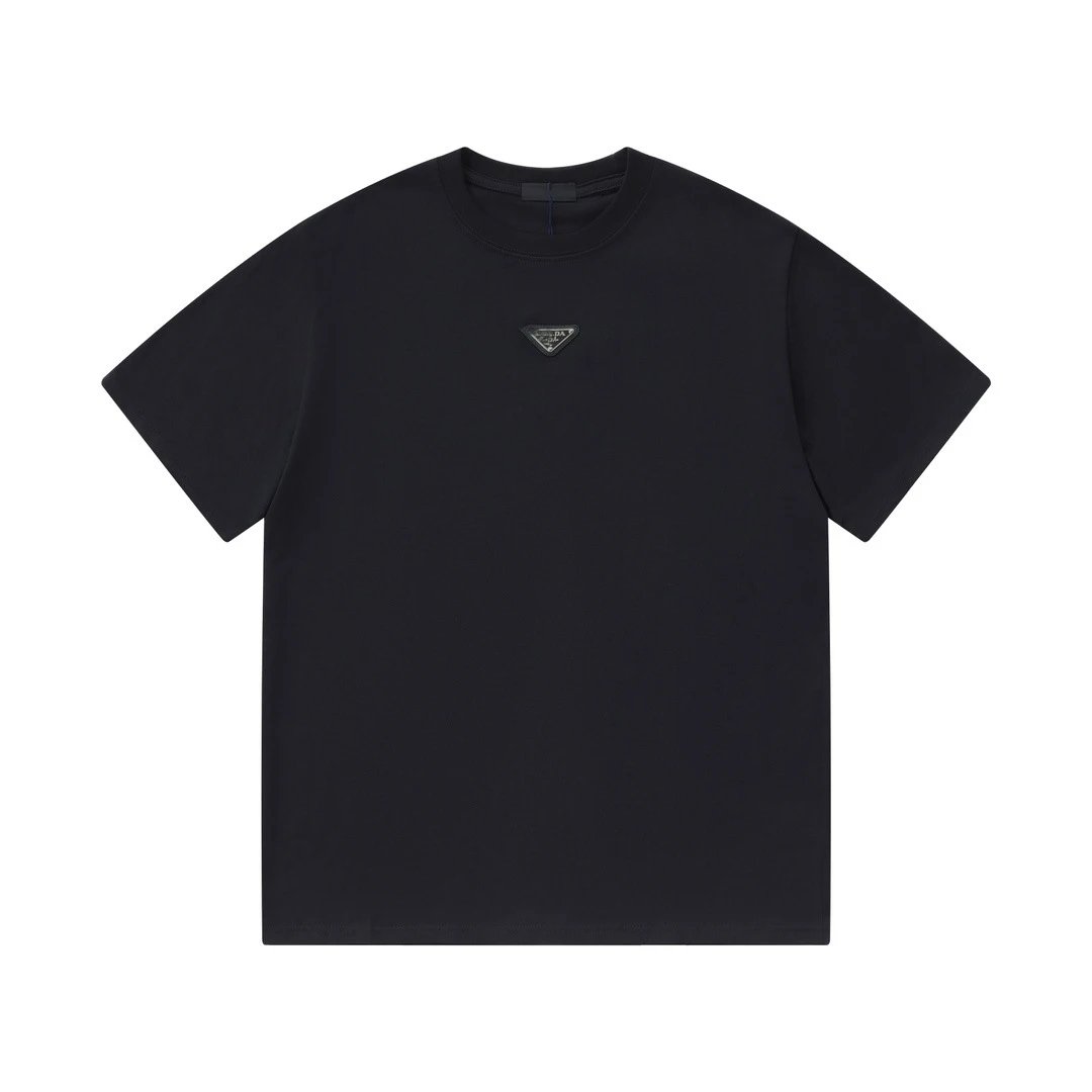 Prada T-Shirts Crew-neck T-shirt with triangular logo plaque — Black chest triangle iron badge logo