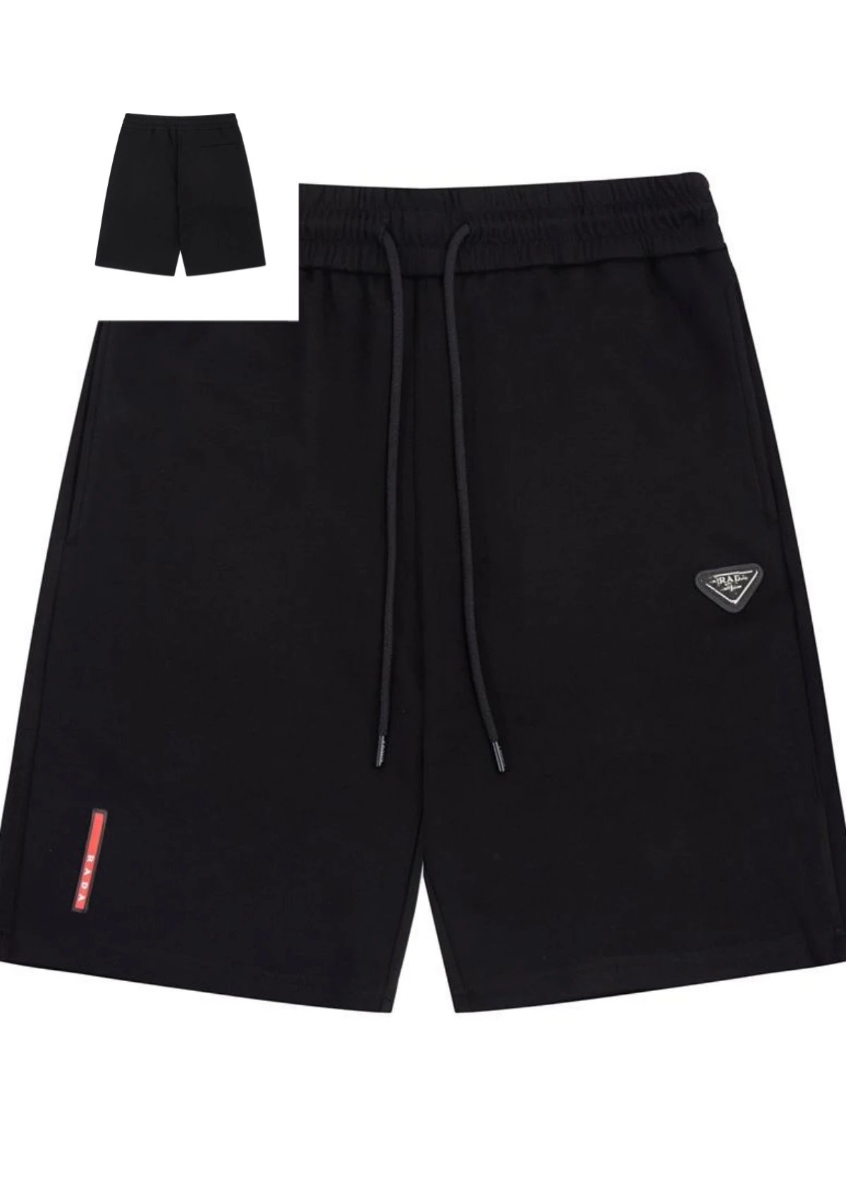 Prada T-Shirts Crew-neck T-shirt with triangular logo plaque — Black. Red adhesive metal triangular sign