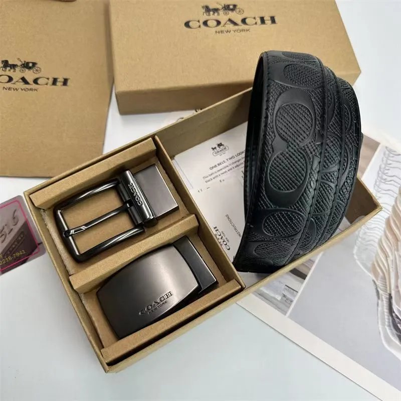 Coach Belts Reversible Signature C Pattern Belt with Interchangeable Buckles — Relief embossed pin buckle, letter buckle