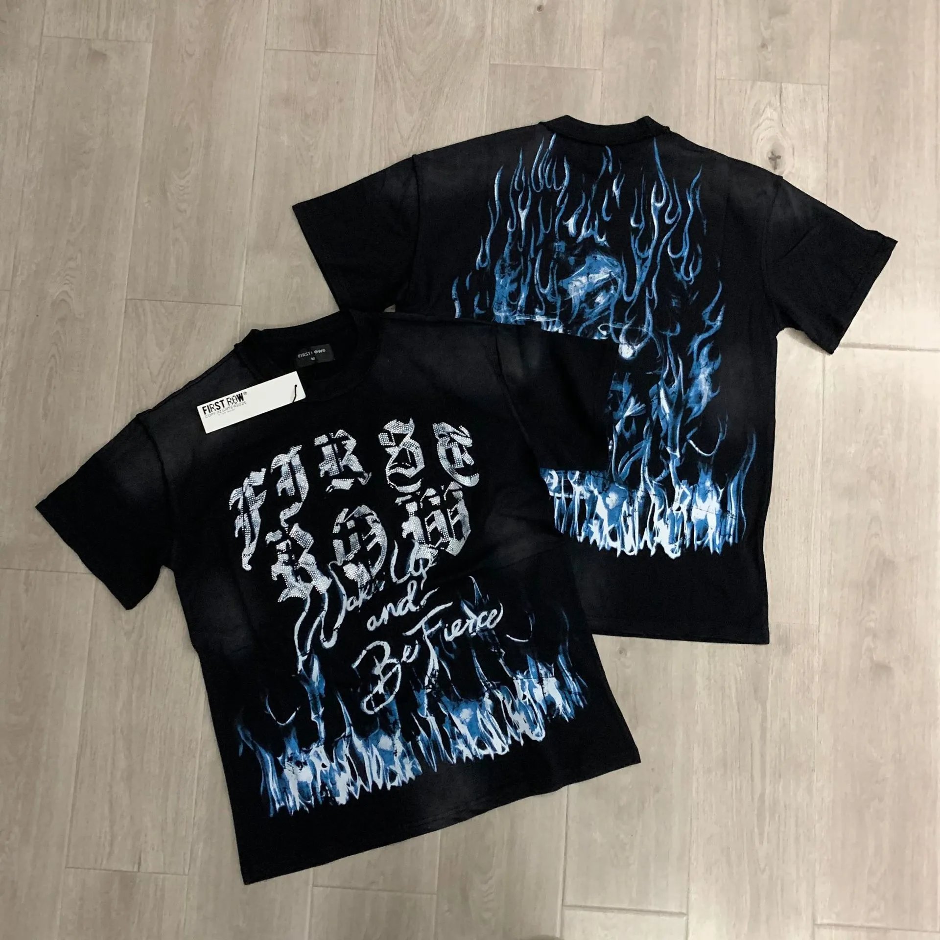 First Row T-Shirts Rhinestone Graphic Washed Cotton — F102