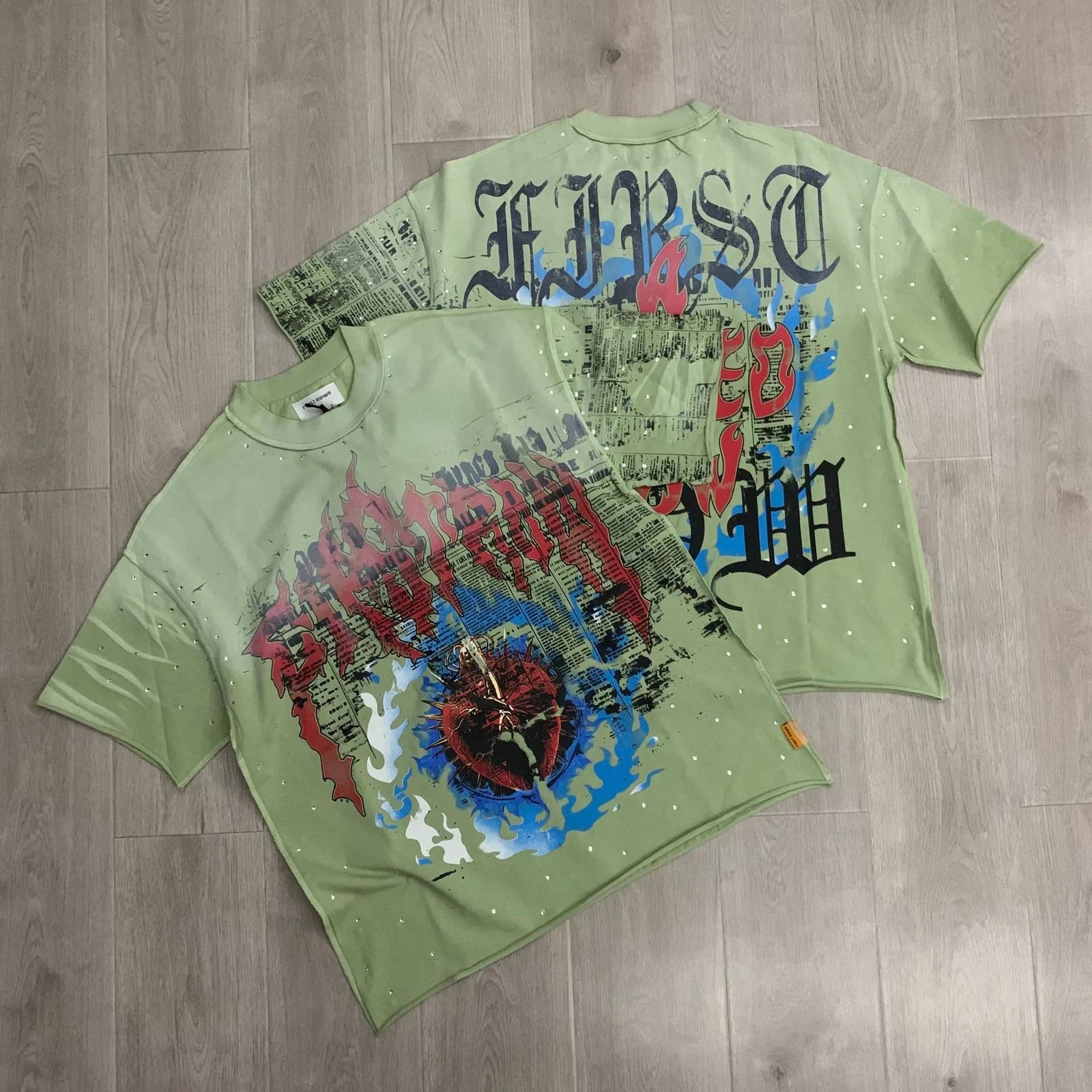 First Row T-Shirts Rhinestone Graphic Washed Cotton — F502