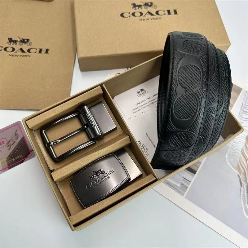 Coach Belts Reversible Signature C Pattern Belt with Interchangeable Buckles — Relief embossed pin buckle, carriage buckle