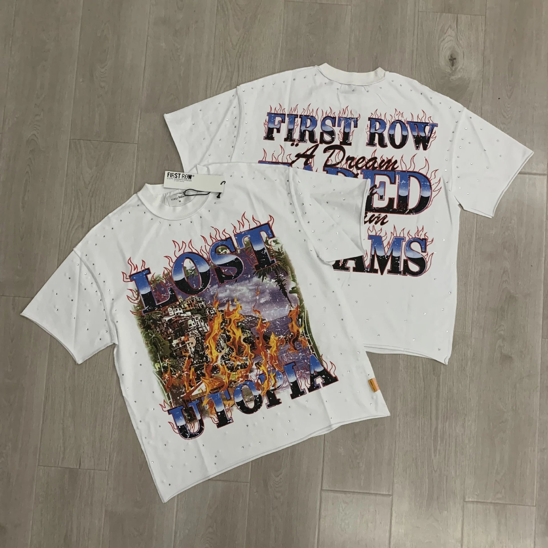 First Row T-Shirts Rhinestone Graphic Washed Cotton — F511 white
