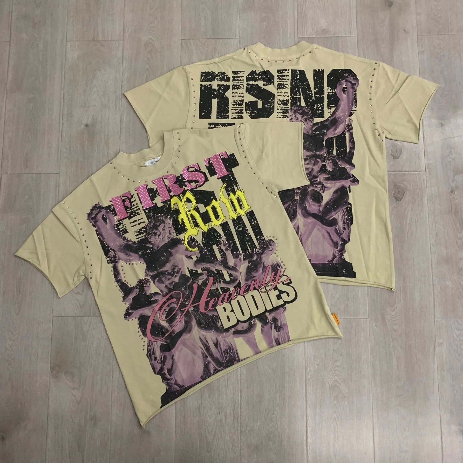 First Row T-Shirts Rhinestone Graphic Washed Cotton — F521