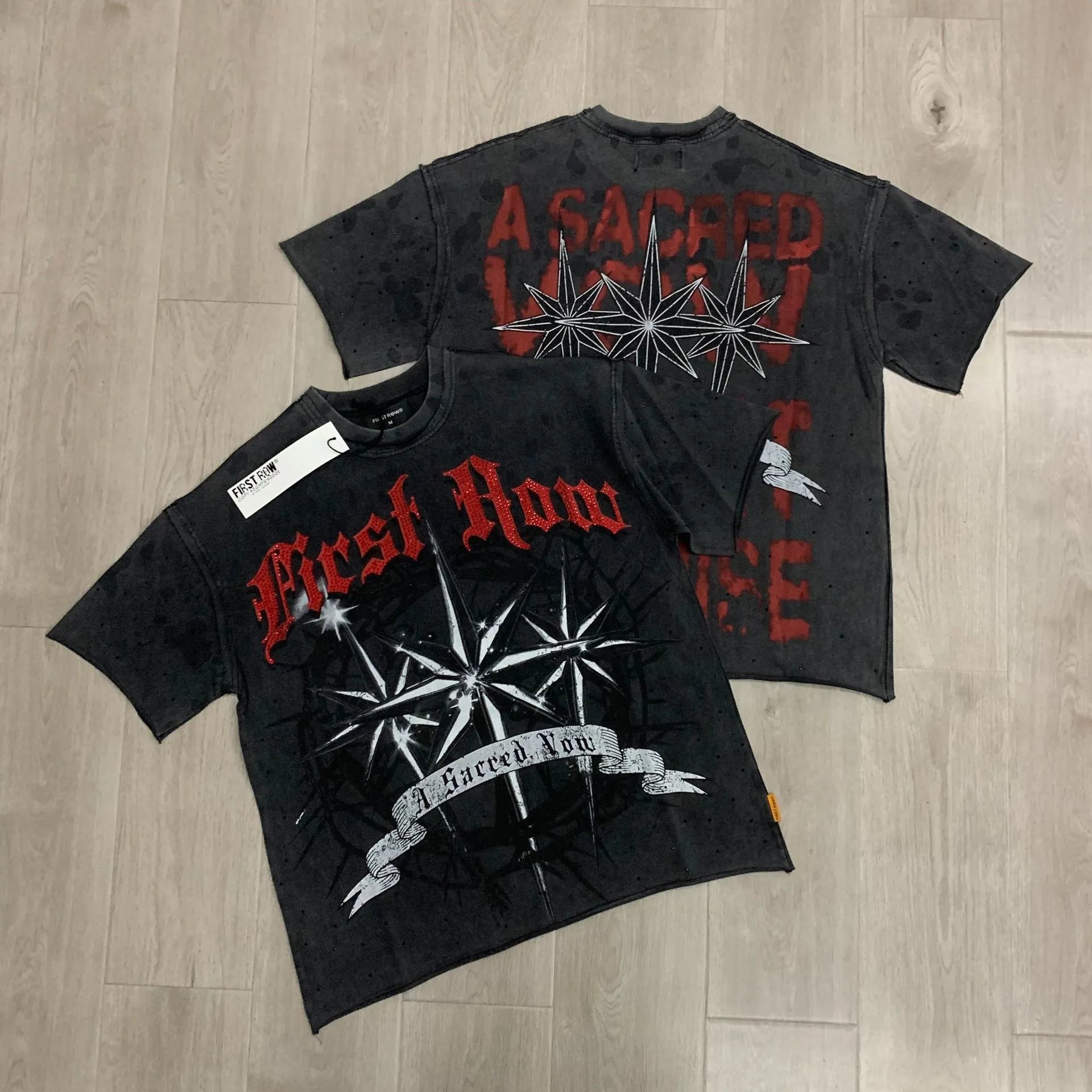 First Row T-Shirts Rhinestone Graphic Washed Cotton — F801