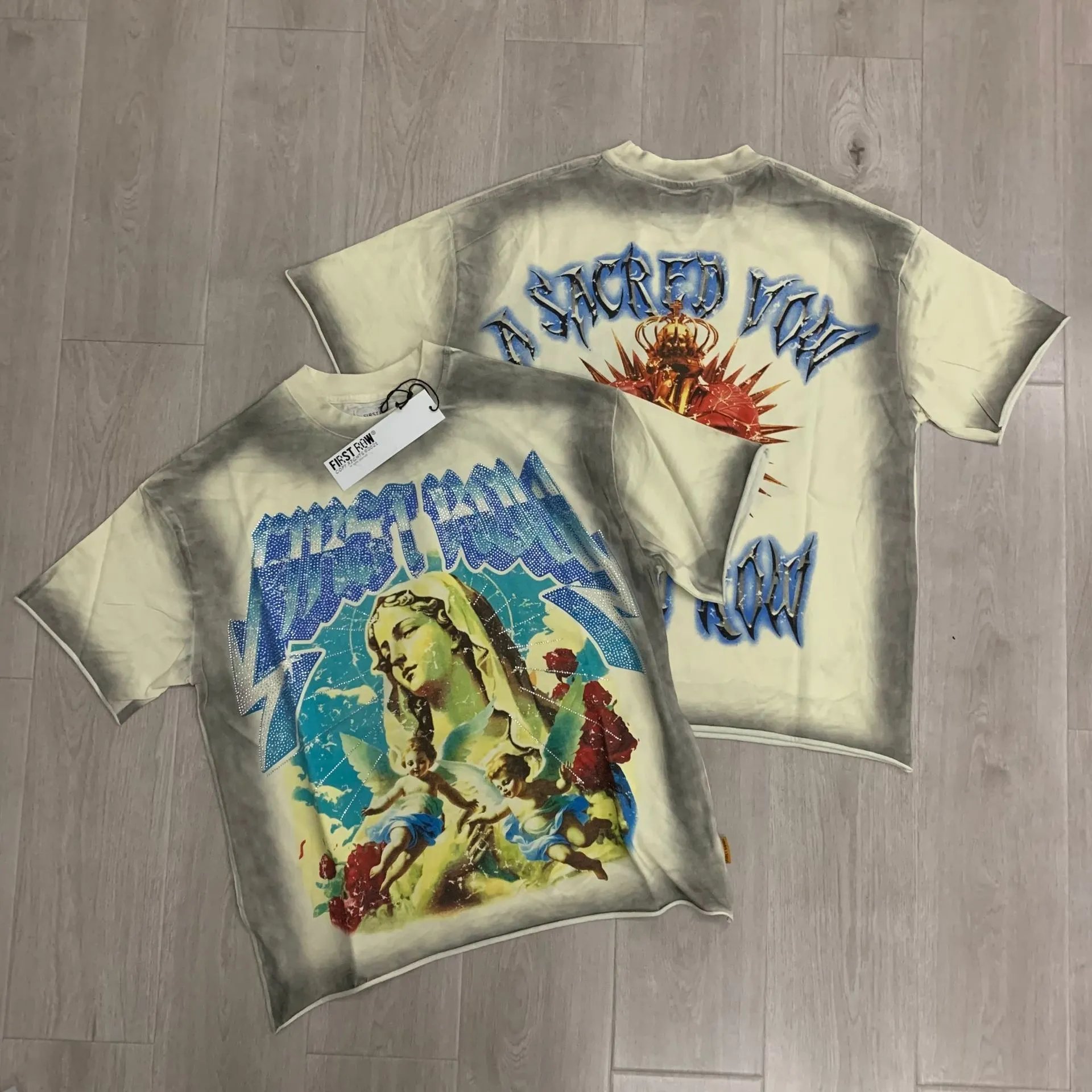 First Row T-Shirts Rhinestone Graphic Washed Cotton — F501