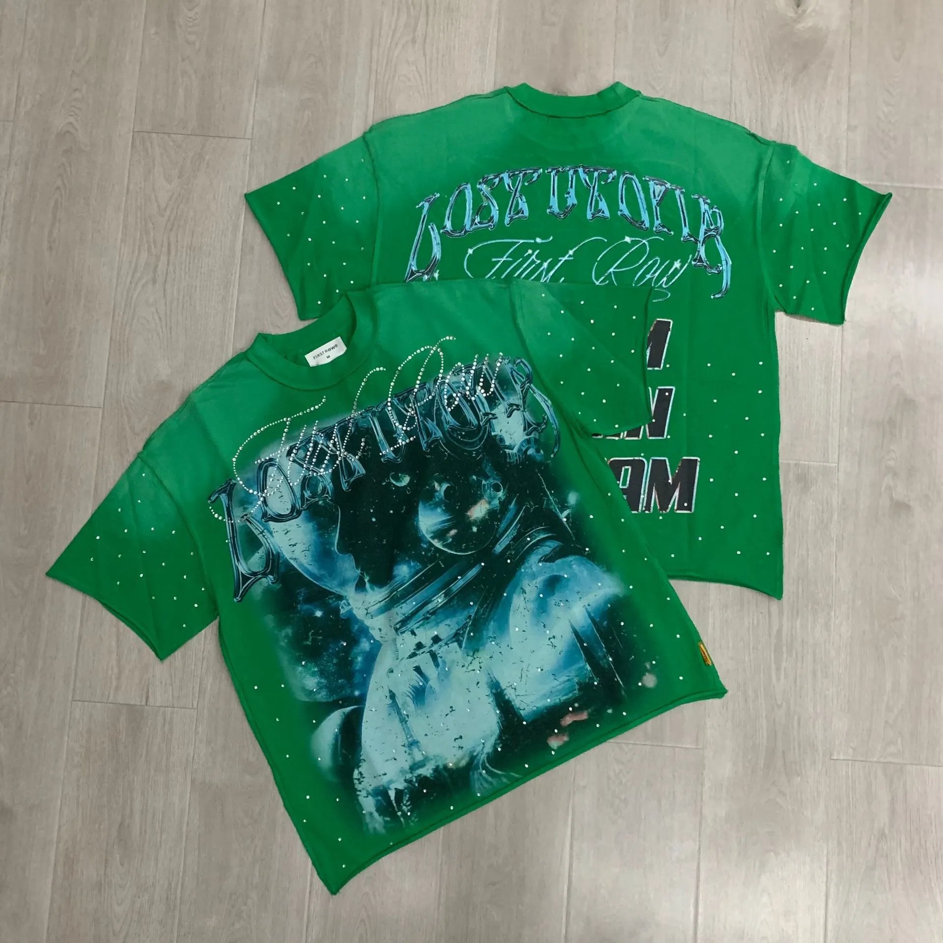 First Row T-Shirts Rhinestone Graphic Washed Cotton — F510