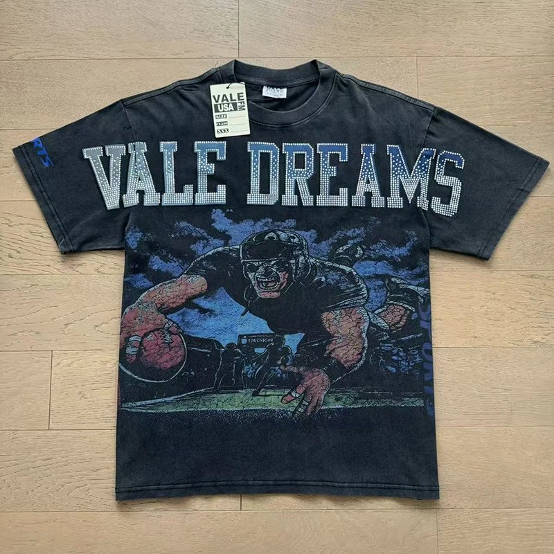 VALE USA T-Shirts Washed rhinestone graphic crew-neck T-shirt — 8027 Wash black hot drill