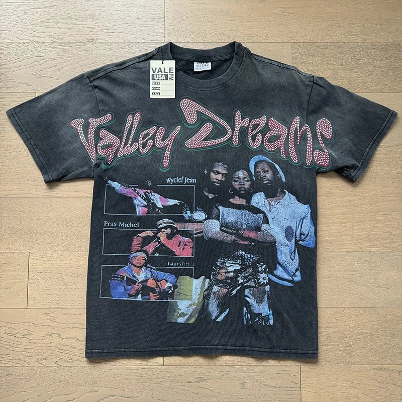 VALE USA T-Shirts Washed rhinestone graphic crew-neck T-shirt — 8056 Wash black hot drill