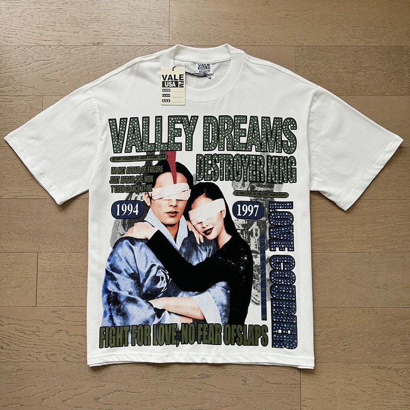 VALE USA T-Shirts Washed rhinestone graphic crew-neck T-shirt — 8088 wash water white rhinestones