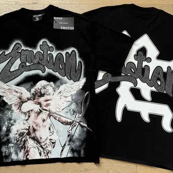 Design Mixed Emotion Angel Print T-Shirt Black T-Shirts - 1