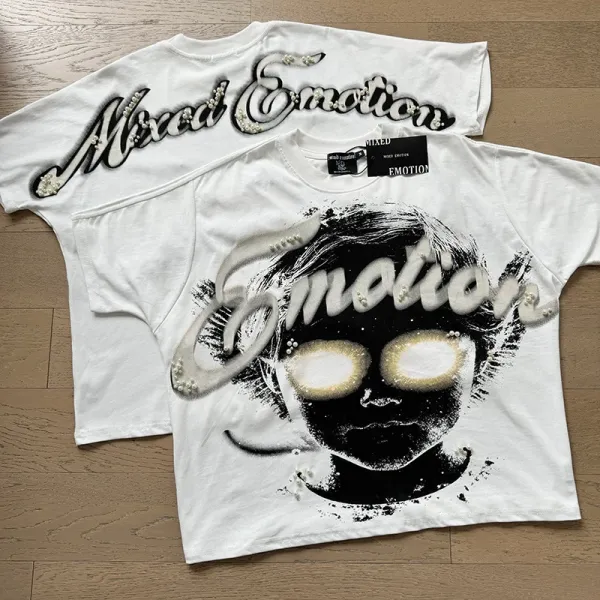 Design Mixed Emotion Mixed Edition Graphic Pearl-Embellished White T-Shirt T-Shirts - 1