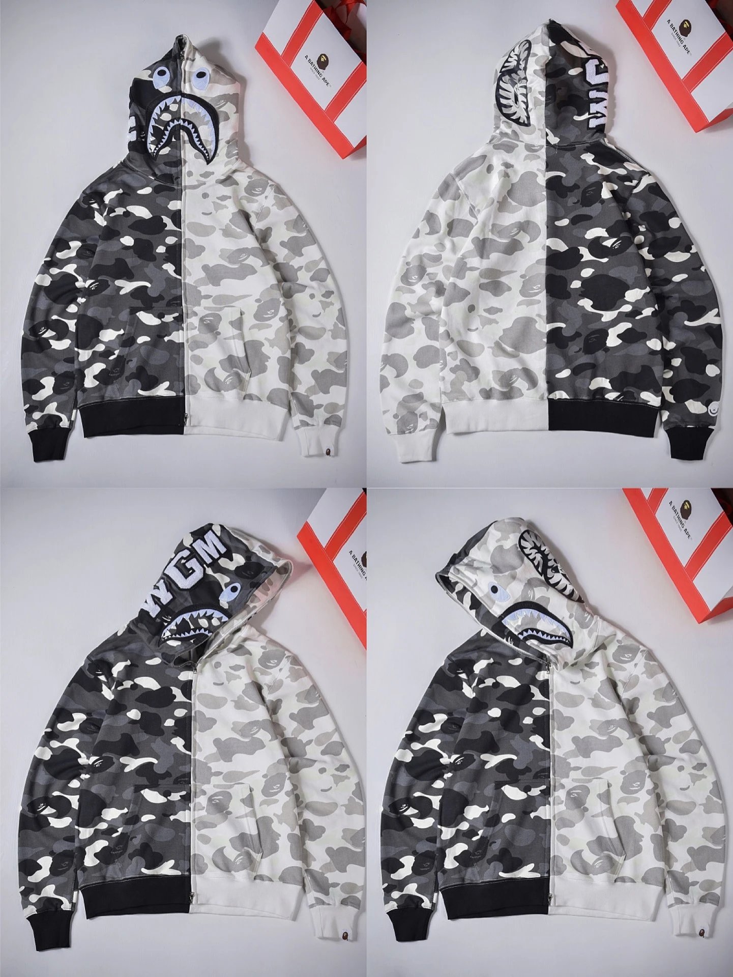A Bathing Ape Hoodies & Sweatshirts Shark full-zip camouflage hoodie — XX103 Gray-White Patchwork