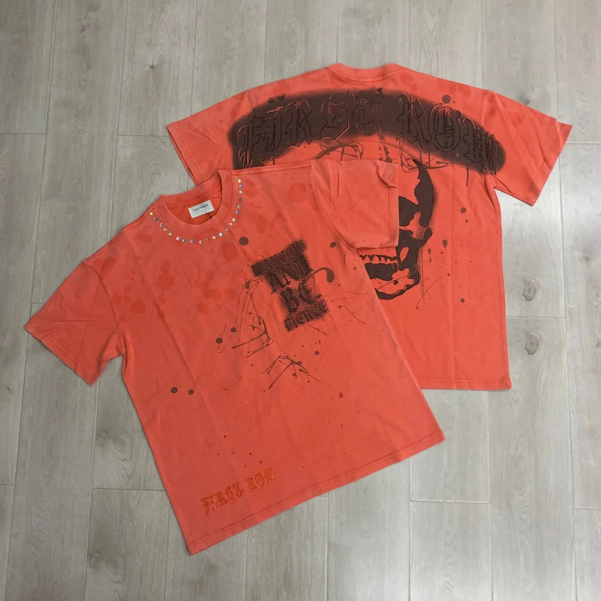 First Row T-Shirts Rhinestone Graphic Washed Cotton — F101