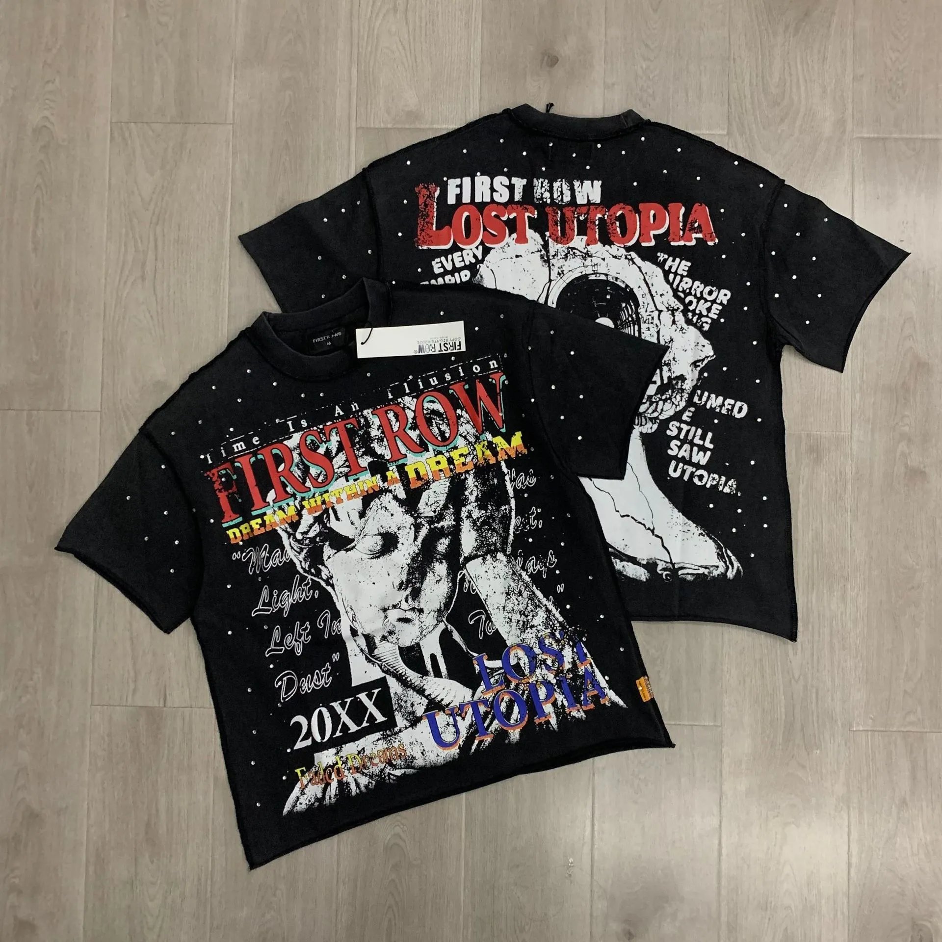 First Row T-Shirts Rhinestone Graphic Washed Cotton — F515