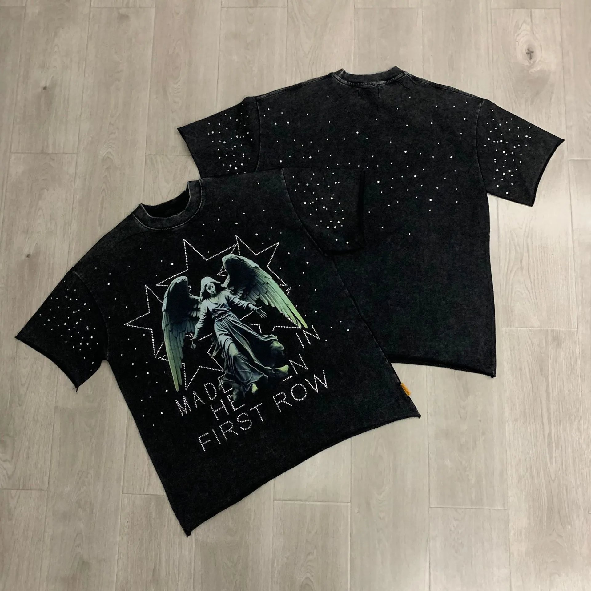 First Row T-Shirts Rhinestone Graphic Washed Cotton — F516