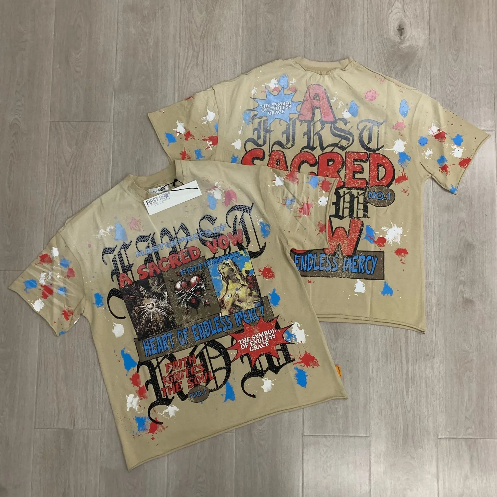 First Row T-Shirts Rhinestone Graphic Washed Cotton — F805