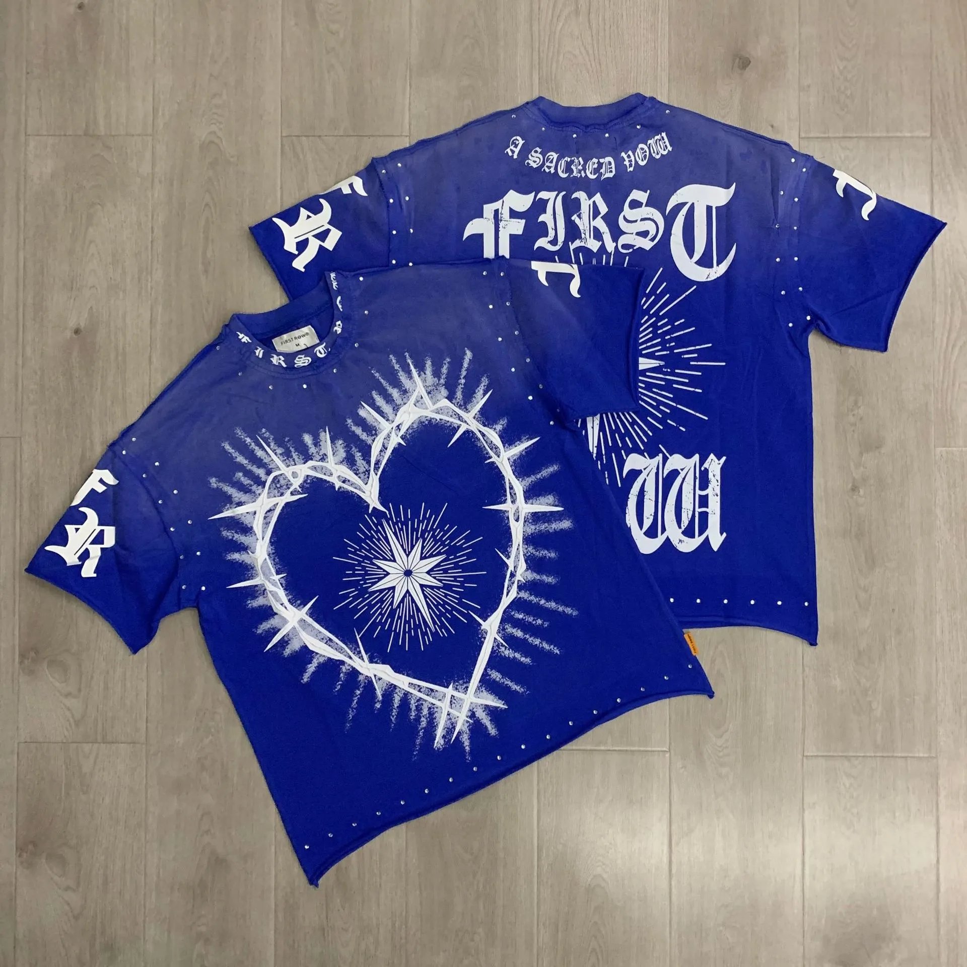First Row T-Shirts Rhinestone Graphic Washed Cotton — F806