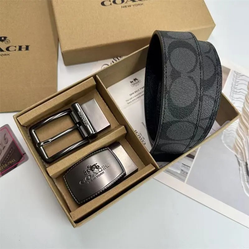 Coach Belts Reversible Signature C Pattern Belt with Interchangeable Buckles — Old-fashioned black style with a pin buckle, carriage buckle