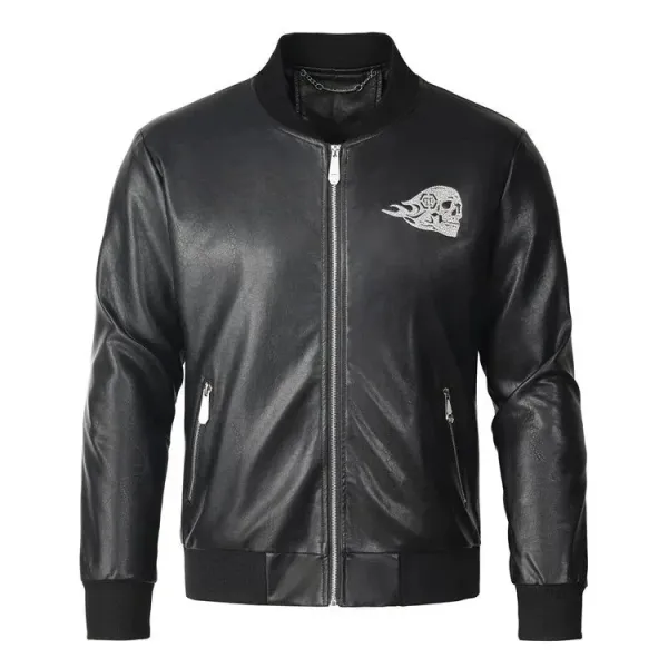 Philipp Plein Skull Embroidered Black Leather Bomber Jacket - 1