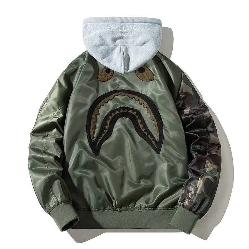 Undefeated Jackets Bomber Jacket with Camo Sleeves and Shark Embroidery image 5