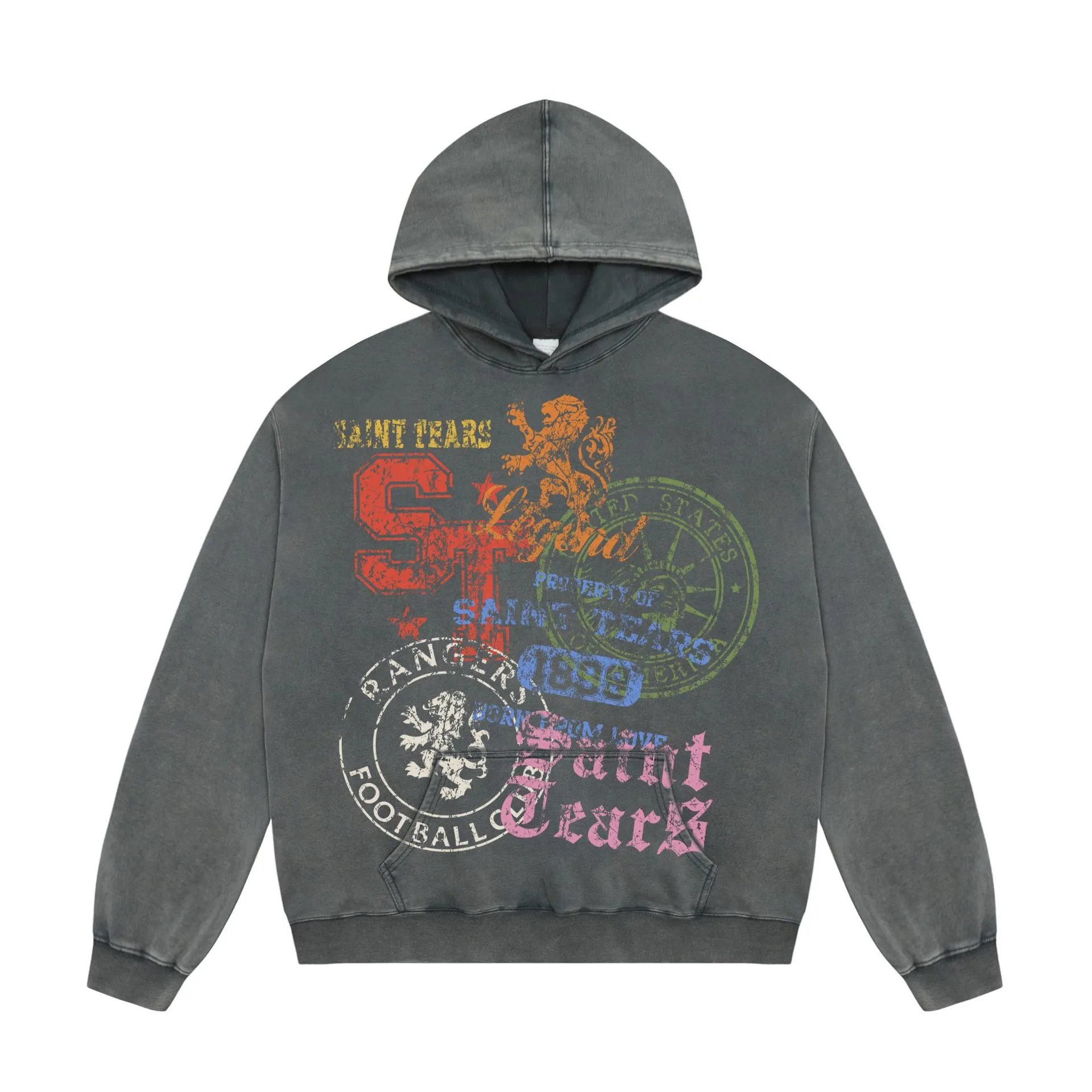 Unbranded Hoodies & Sweatshirts Washed Graphic Print Pullover Hoodie — A 729 Washed gray