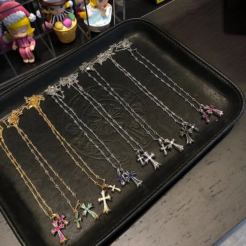 Chrome Hearts Cross Pendant Necklace Gold Pink Sapphire Jewelry - 3