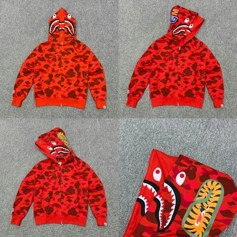 A Bathing Ape Hoodies & Sweatshirts Shark full-zip camouflage hoodie — XX232 double-hooded red