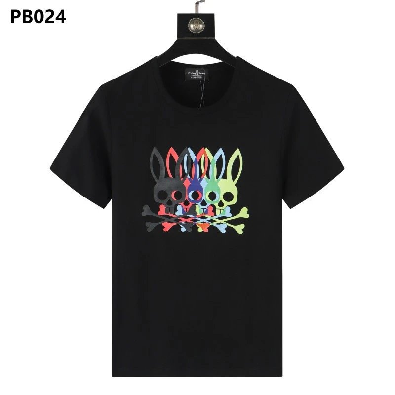 Psycho Bunny T-Shirts Rabbit skull graphic short-sleeve — PB024 Black