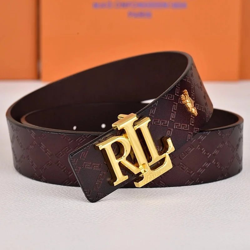 R&L Belts LZ-1 embossed monogram belt with RL buckle — Dark lock gold