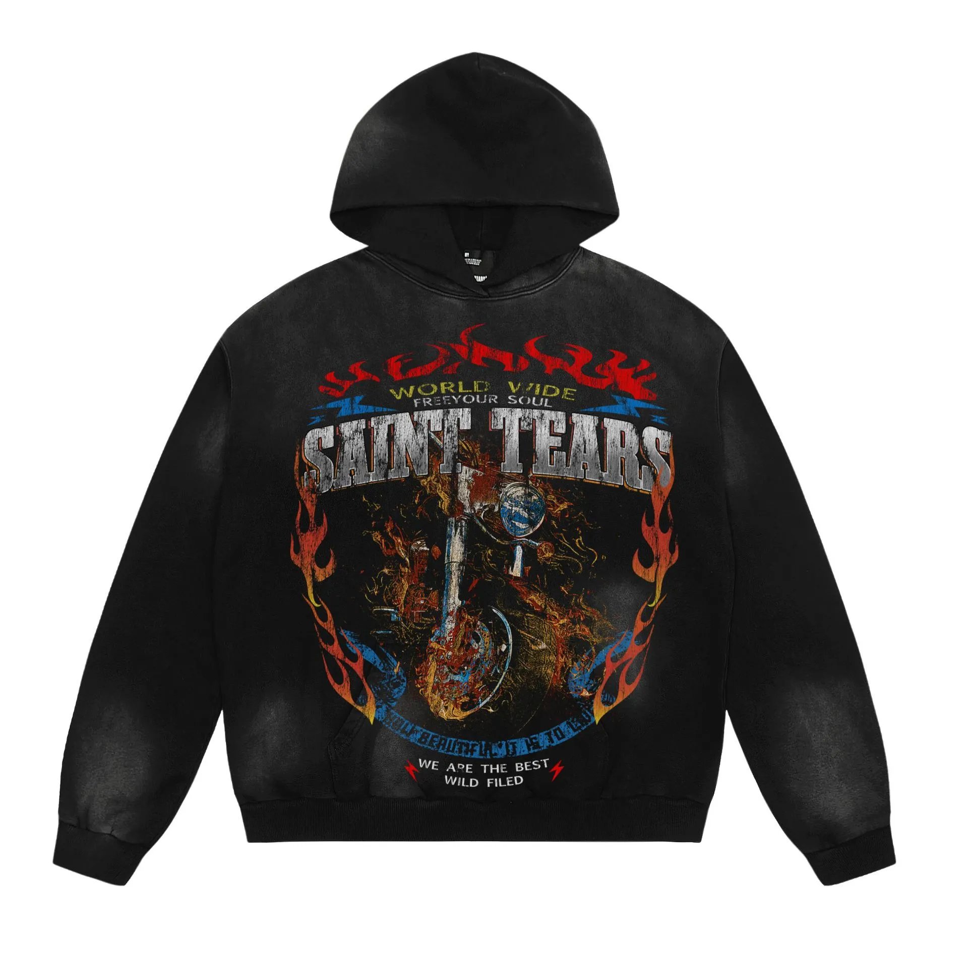 Unbranded Hoodies & Sweatshirts Washed Graphic Print Pullover Hoodie — A 723 Washed black