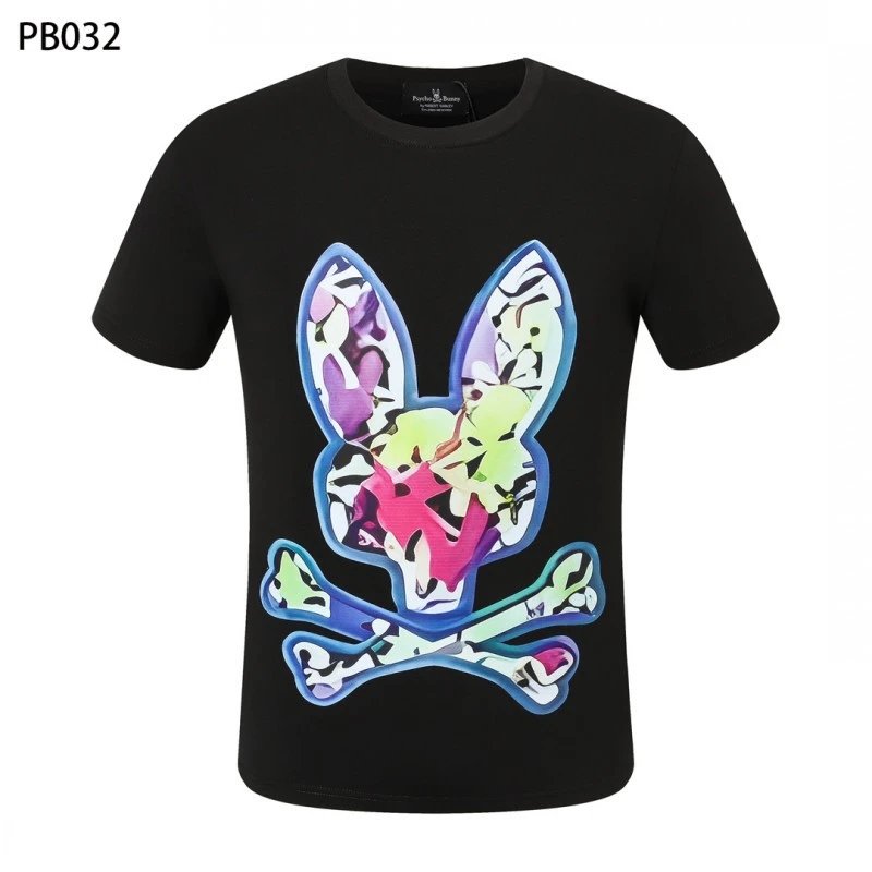 Psycho Bunny T-Shirts Rabbit skull graphic short-sleeve — PB032 Black