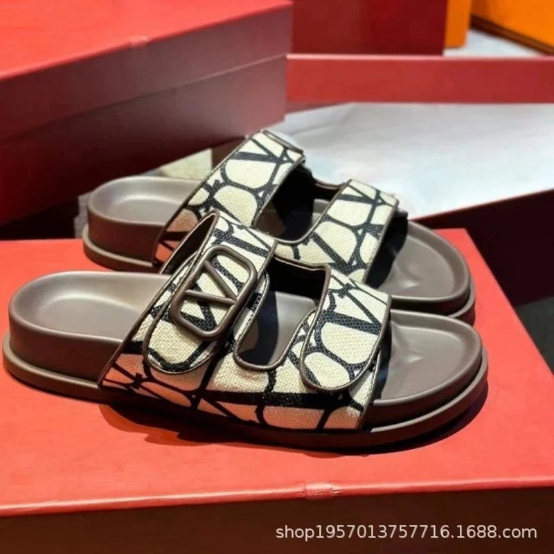 Unbranded Slippers Open-Toe Double-Strap Slides with V-Shaped Buckle — white