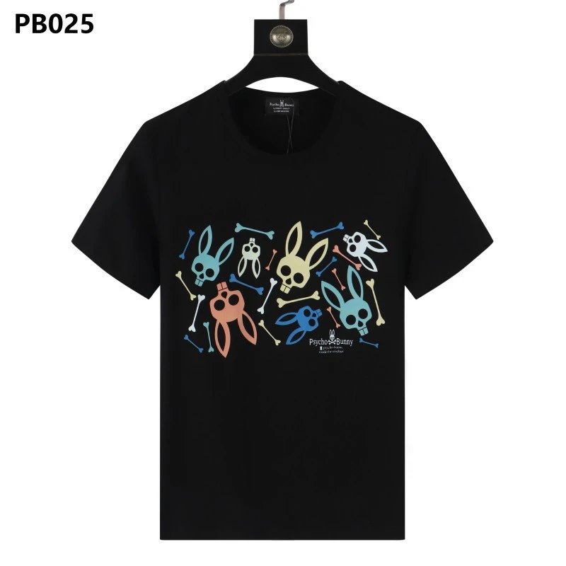 Psycho Bunny T-Shirts Rabbit skull graphic short-sleeve — PB025 Black