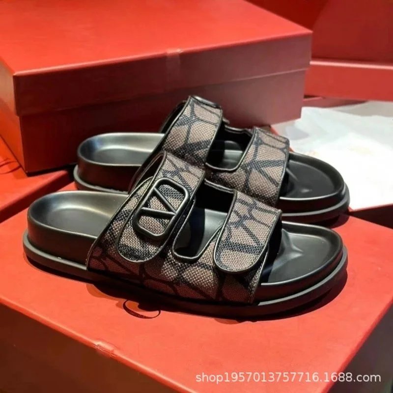 Unbranded Slippers Open-Toe Double-Strap Slides with V-Shaped Buckle — gray